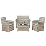 4 pc Grey Rattan Garden Furniture Set, 2 pcs Rattan Chairs,1 pcs...