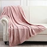 NordECO HOME Fleece Throw Blanket Soft Cozy Warm Pompom Fringe...