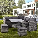 Rattan Corner Sofa Garden Furniture Set with Table and Stools,...